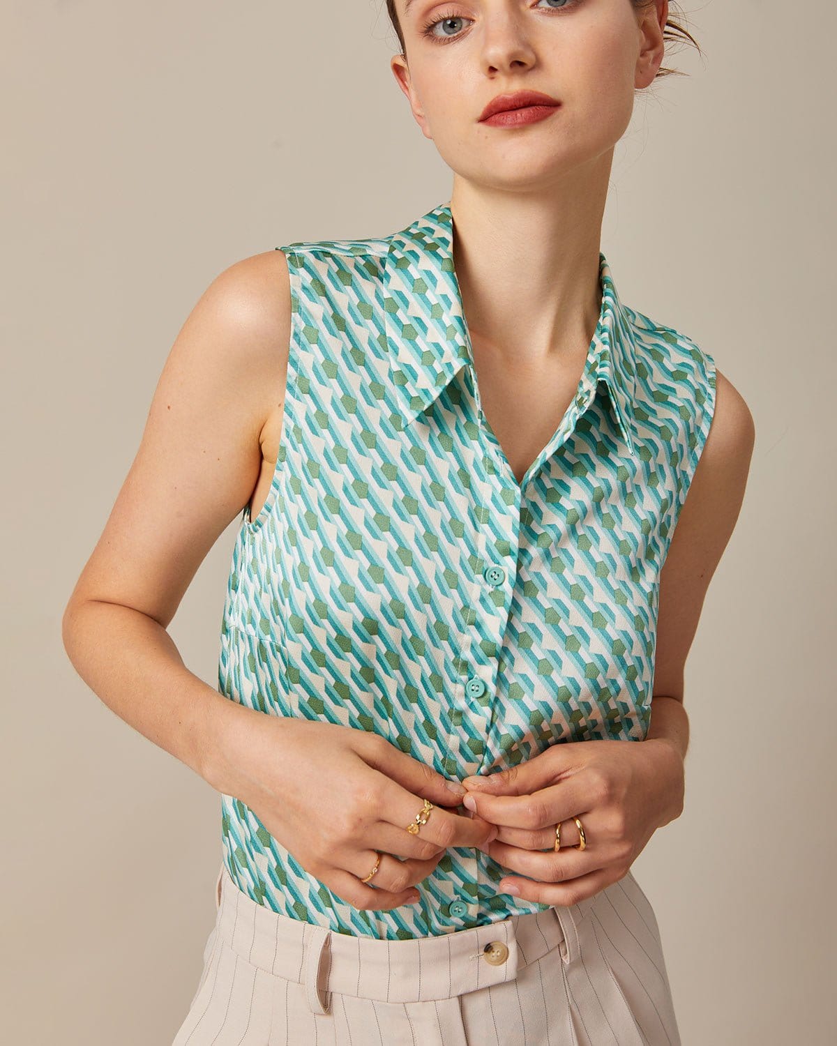 The Green Collared Geometric Print Vest