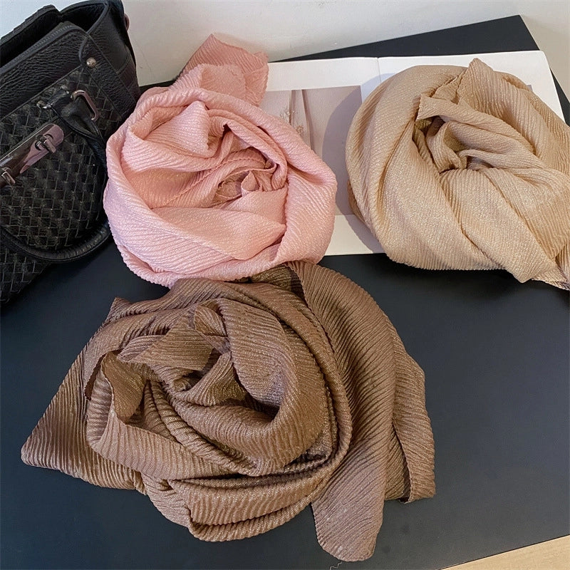Heavy Bright Silk New Pleated Texture Scarf Women's Autumn And Winter All-Matching Long Solid Color Shawl Dual-Use