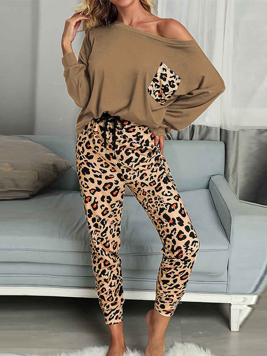 Leopard Pocket Off-shoulder Two Sets