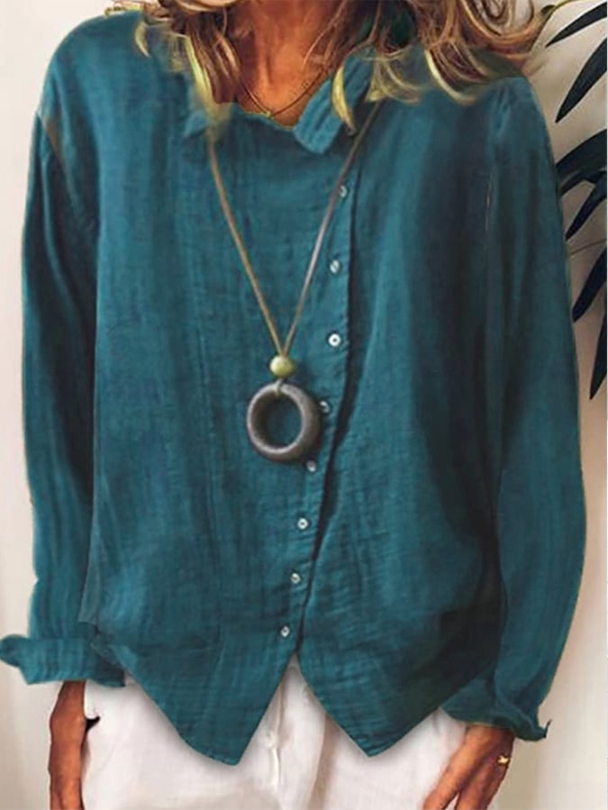 Ladies cotton and linen loose solid color temperament shirt