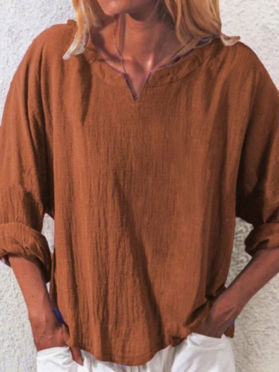 V-neck Casual Loose Solid Color Long-sleeved Blouse