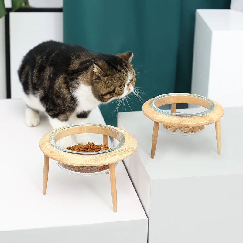 Glass Cat Bowl High Foot Protection Cervical Spine Cat Food Bowl Cat Dog Cat Basin Drinking Water Bowl Pet Ceramic Bowl Solid Wood Rack
