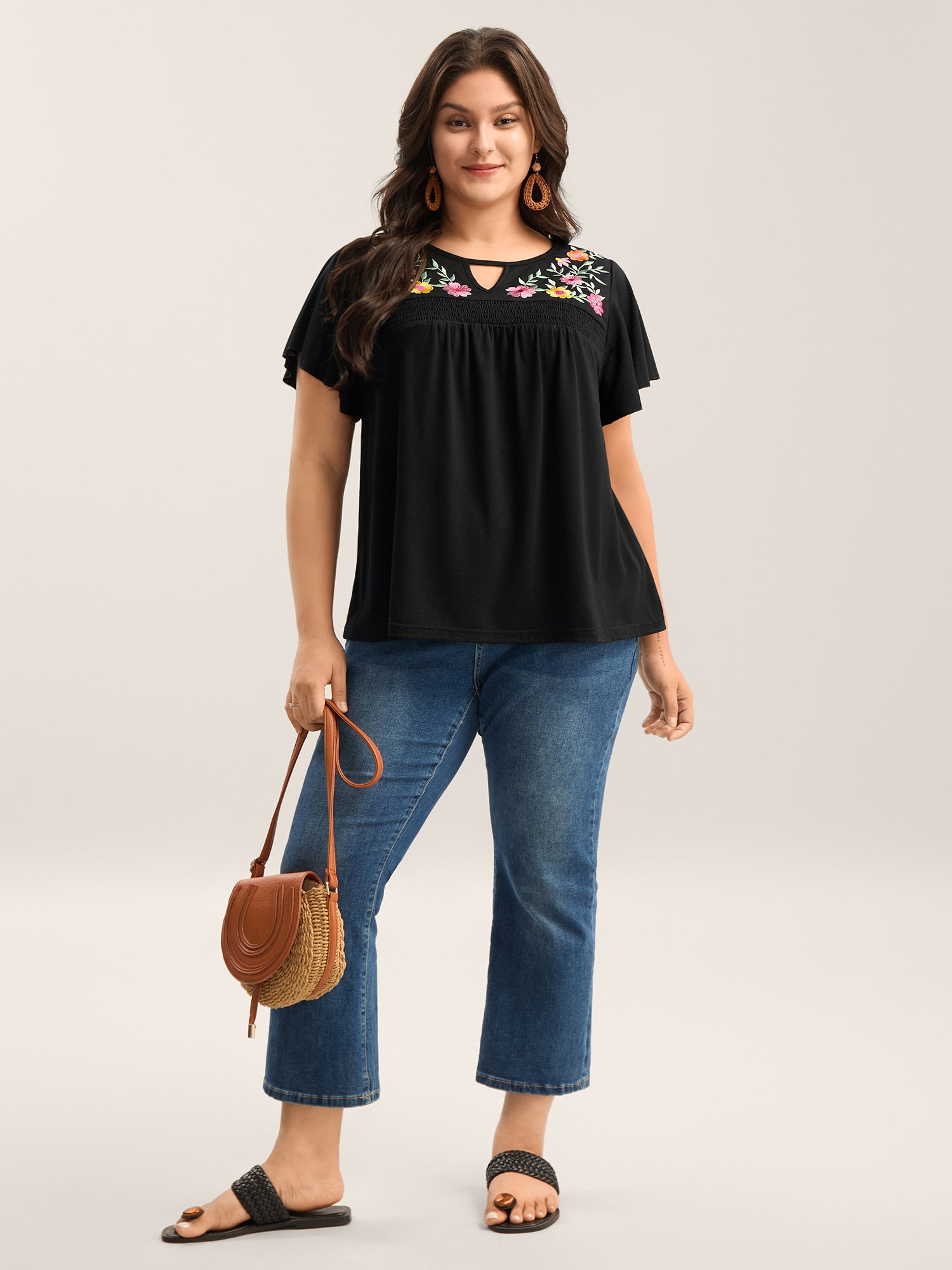 Floral Embroidered Neckline Flared Sleeve Top