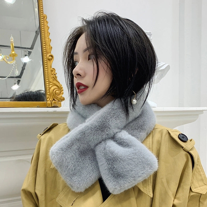 New Winter Faux Rex Rabbit Fur Scarf Women's Warm Anti-wind Necker Solid Color Cross Scarf Mao Scarf
