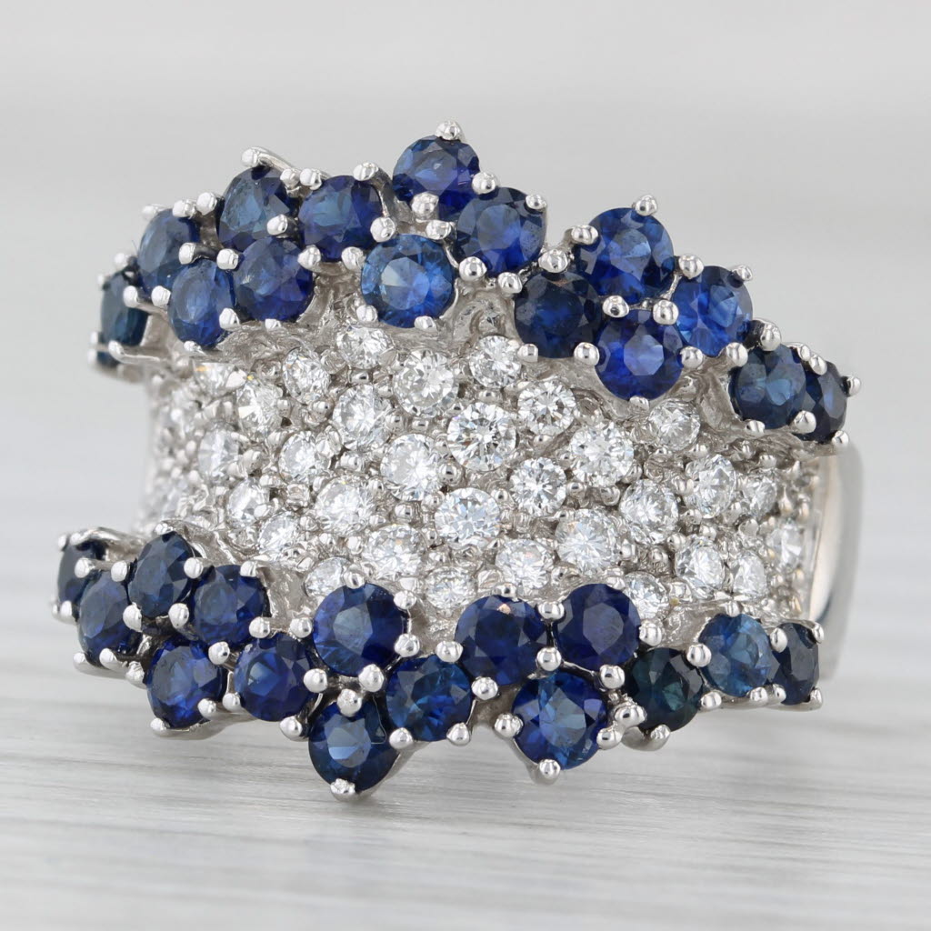 2.99ctw Blue Sapphire Diamond Cluster Cocktail Ring 14k White Gold Size 6