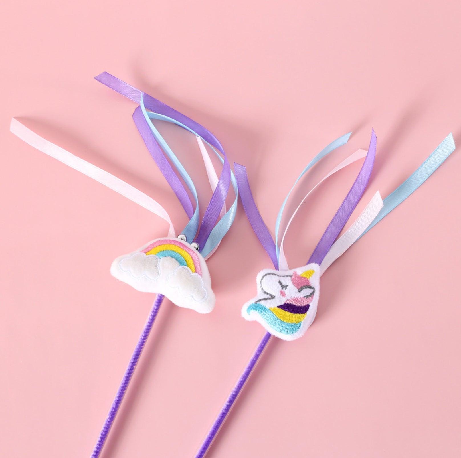 Rainbow and Unicorn Style Ribbon Bell Cat Teaser Wand