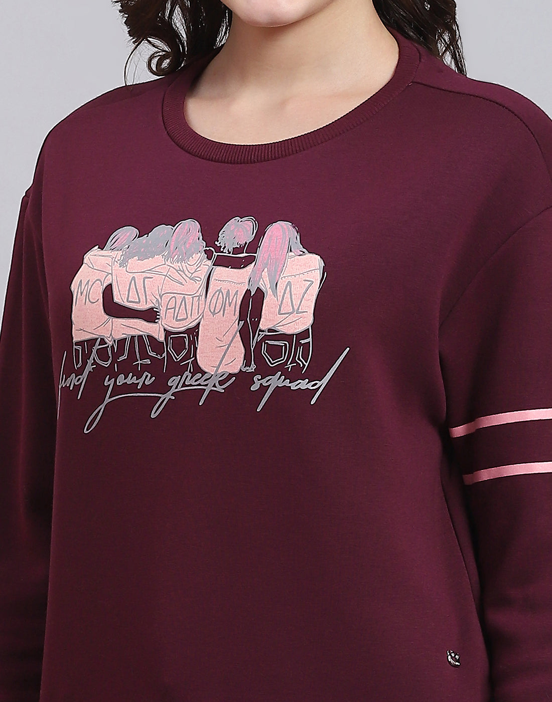 Women Maroon Printed Round Neck Full Sleeve Sweatshirt