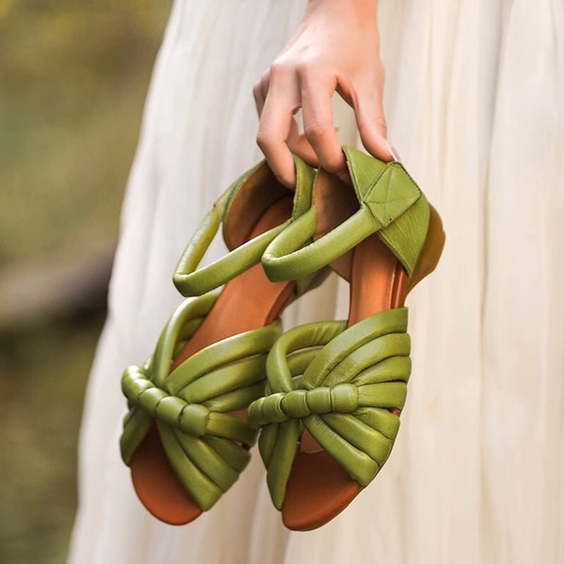 Handmade Leather Woven Peep Toe Roman Sandals with Velcro Strap in Green/Apricot