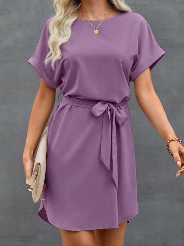 Loose Short Sleeves Solid Color Tied Waist Round-Neck Mini Dresses