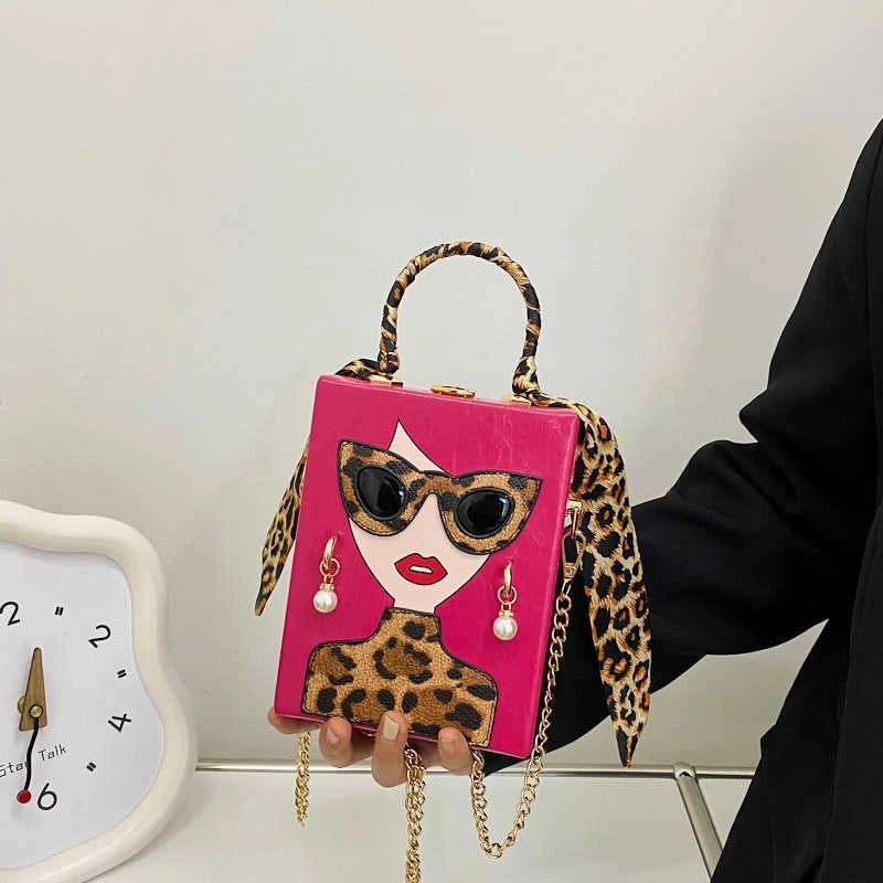 Women's Pu Leather Human Leopard Streetwear Square Lock Clasp Shoulder Bag