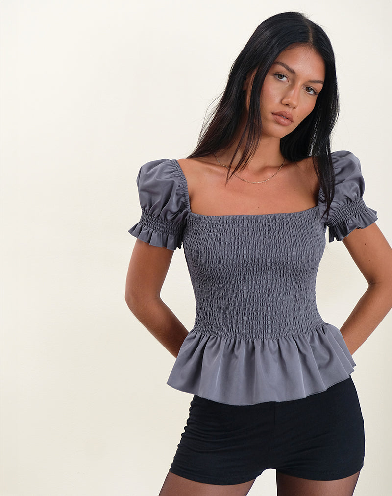 Notina Puff Sleeve Top in Shirred Grey