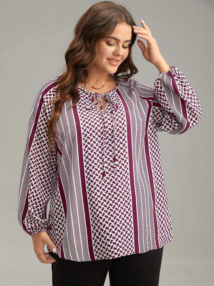 Geo Striped Tie Lantern Sleeve Blouse