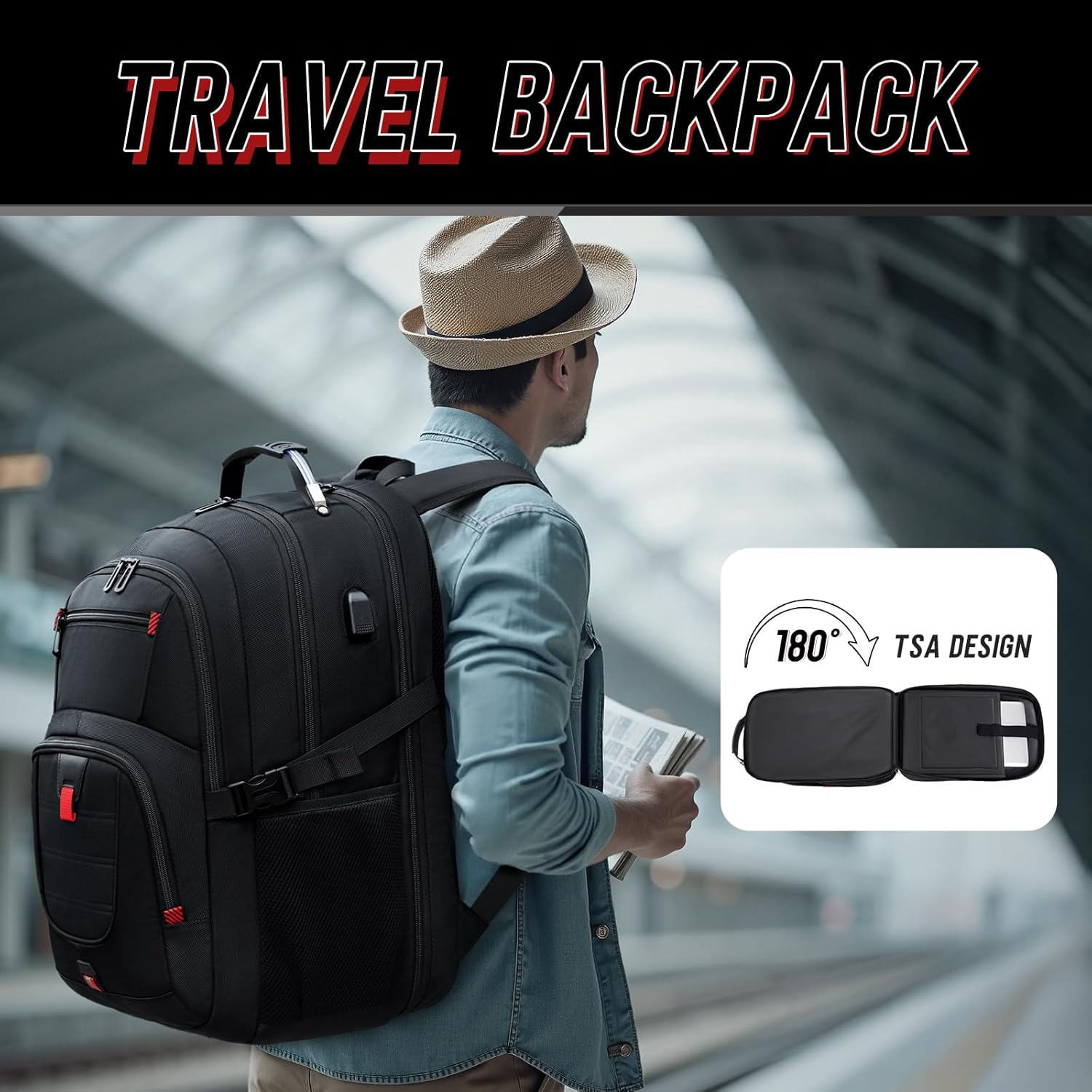 Z-MGKISS Travel Backpack, 50L Extra Large Travel Laptop backpack, Travel Backpack for Men Women with TSA Airline Approved Luggage Bussiness Backpack, Black