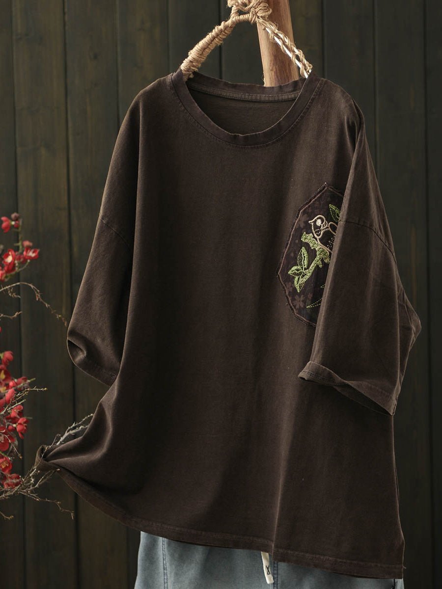 Women Summer Retro Embroidery O-Neck Cotton Shirt