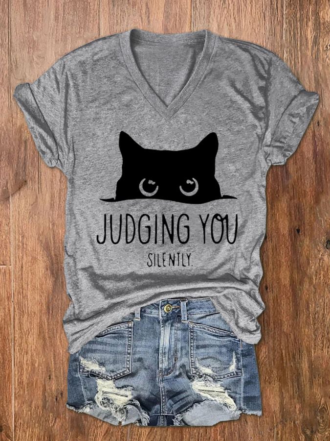 Women's Black Cat Peeking Print V-Neck T-Shirt