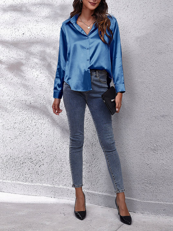 Long Sleeves Loose Solid Color Lapel Blouses&Shirts Tops