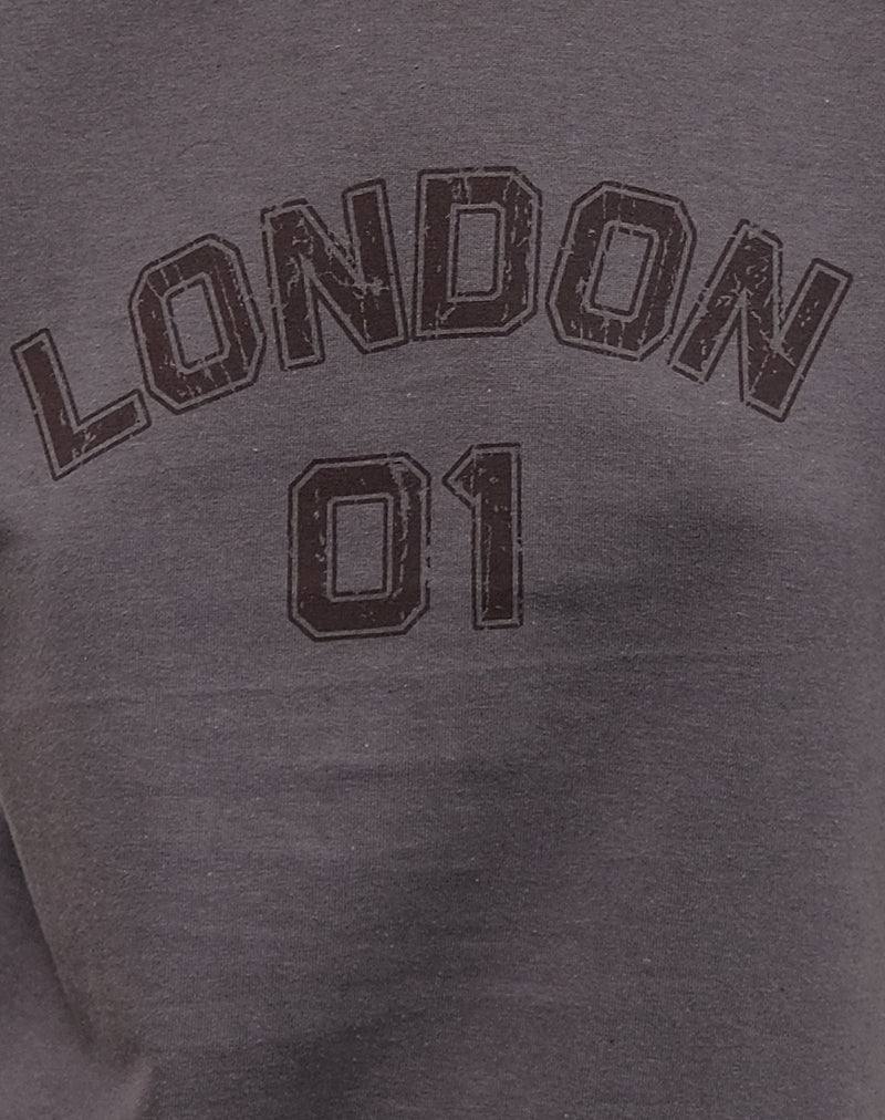 Sakha Boxy Tee in Dark Grey with London Print and Brown Binding