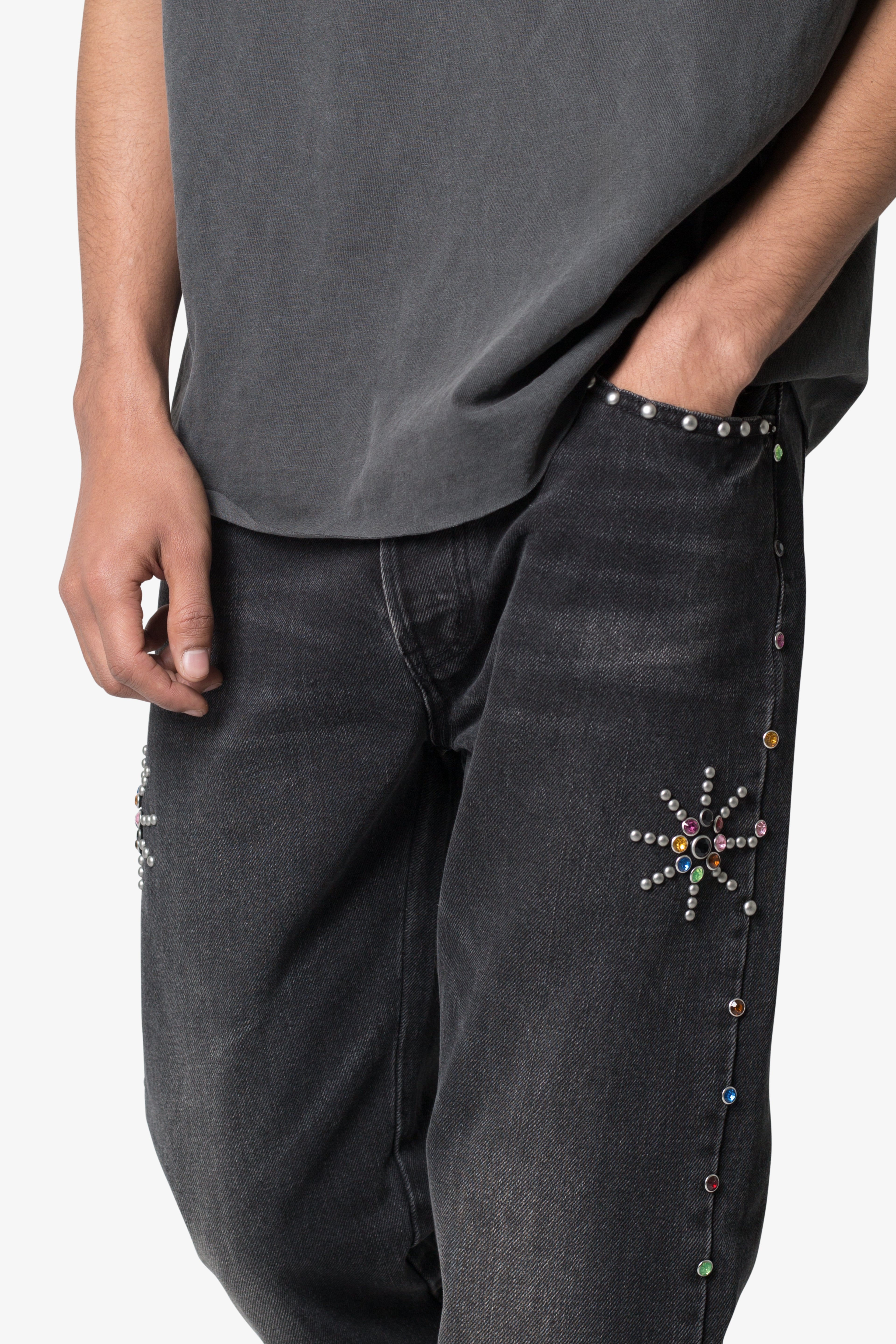 V376 Studded Baggy Denim - Washed Black