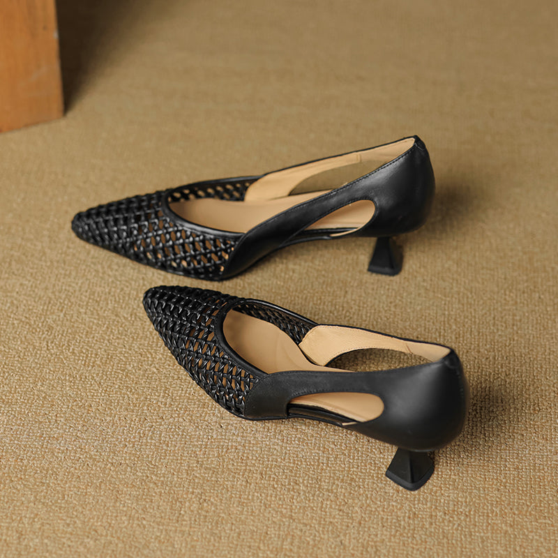 Pointed Toe Woven Kitten Heel Pumps Hollow Out Leather Fashion Office Shoes in Black/Beige/Silver