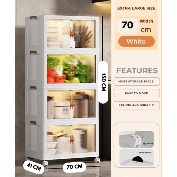 Foldable Storage Cabinet 4 Layer. Stackable Portable Storage Cabinet with Movable Wheels