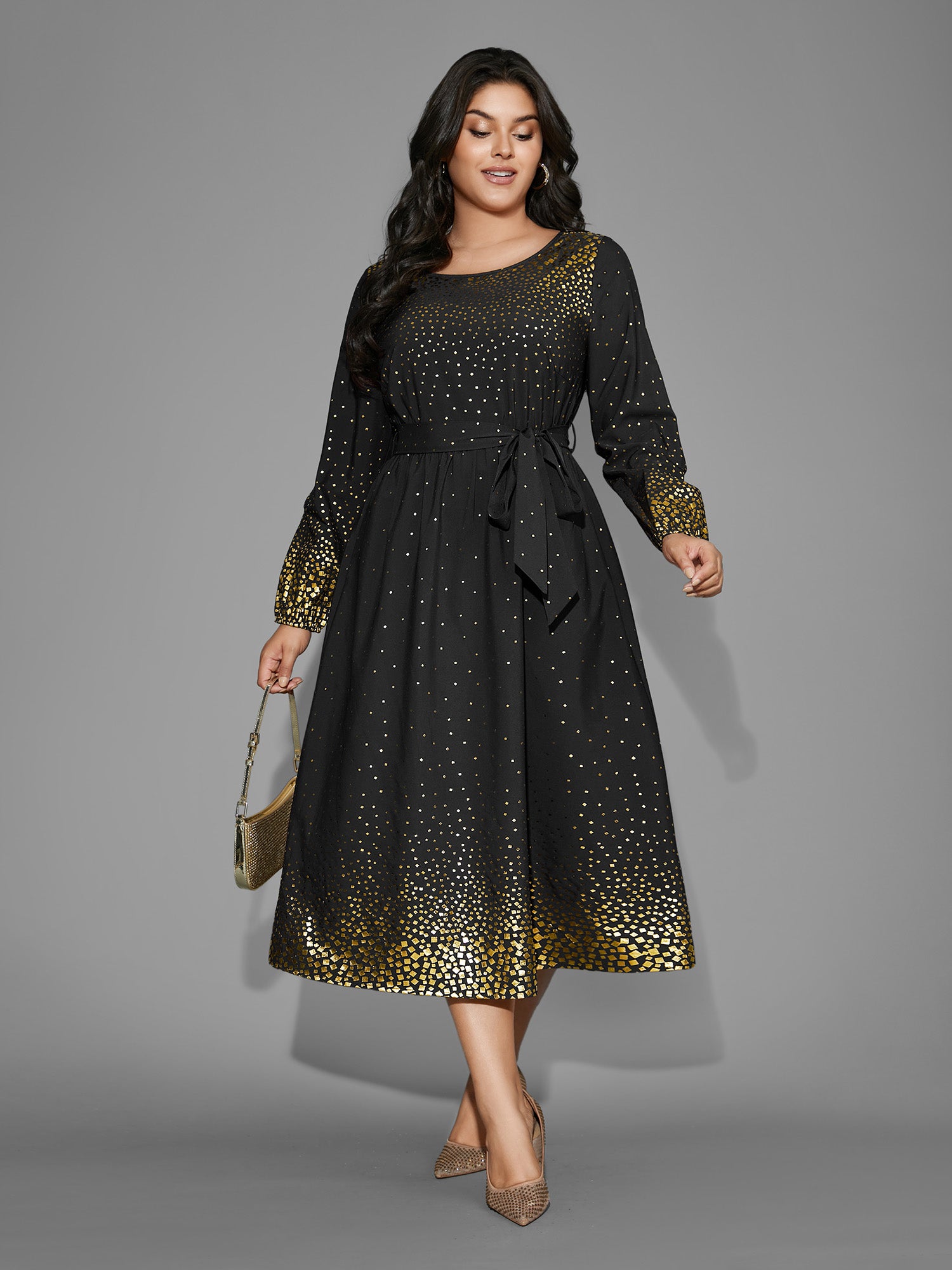 Glitter Round Neck Belted Lantern Sleeve Dress