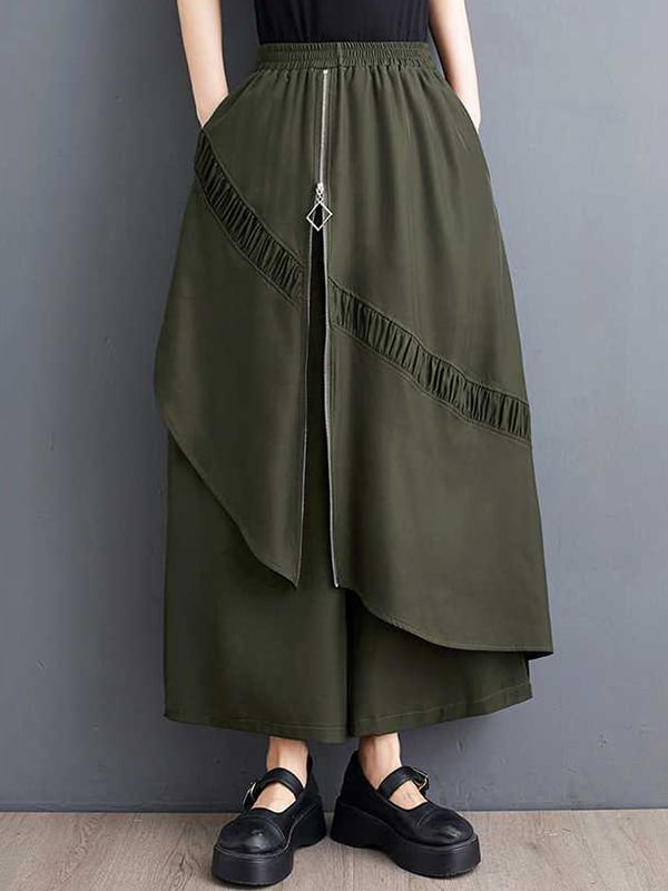 High Waisted Loose Elasticity Pleated Pockets Split-Joint Zipper Culotte Pants