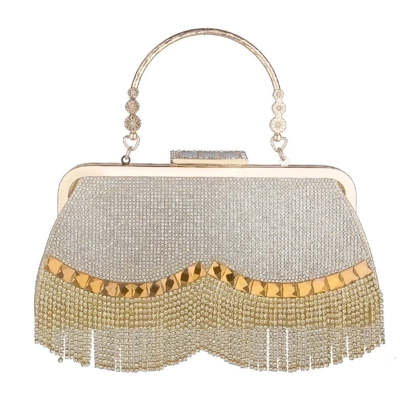 Black Gold Silver Pu Leather Solid Color Rhinestone Square Tassel Evening Bags