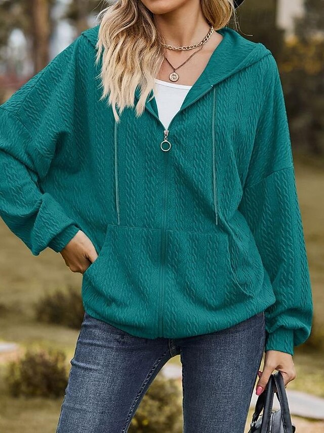 Women's Zip Up Hoodie Sweatshirt Plain Dailywear Sports Zipper Pocket White Red Blue Modern Loose Fit Hooded Long Sleeve Micro-elastic Fall Winter