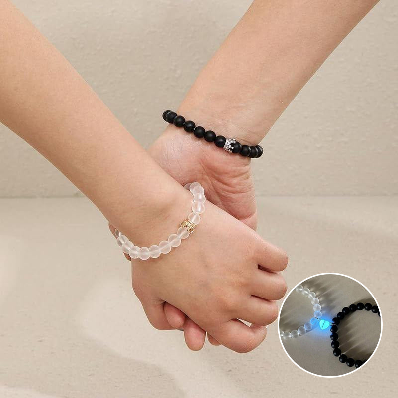 Couple's Light Up Beaded Bracelet with Crown and Heart - Set of 2