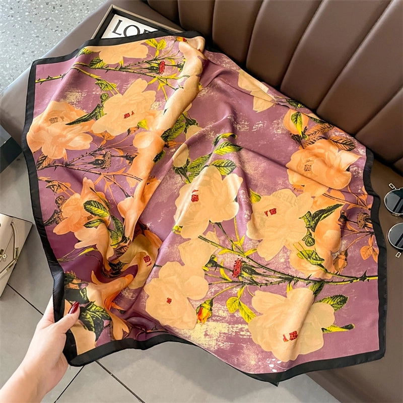 Women's Elegant Sweet Color Block Satin Printing Flowers Silk Scarf