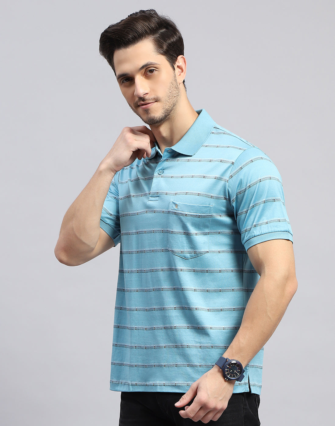 Men Sky Blue Stripe Polo Collar Half Sleeve T-Shirt