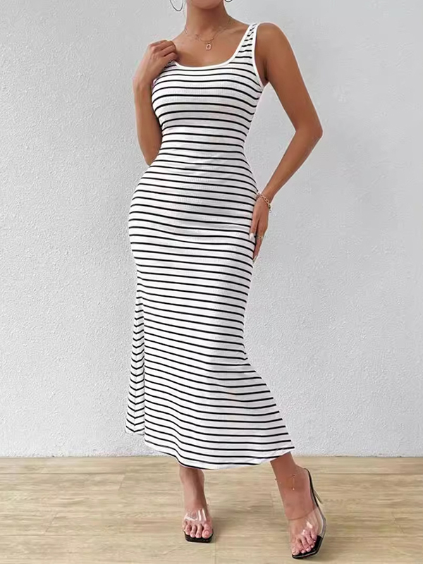 Bodycon Sleeveless Split-Joint Striped U-Neck Midi Dresses