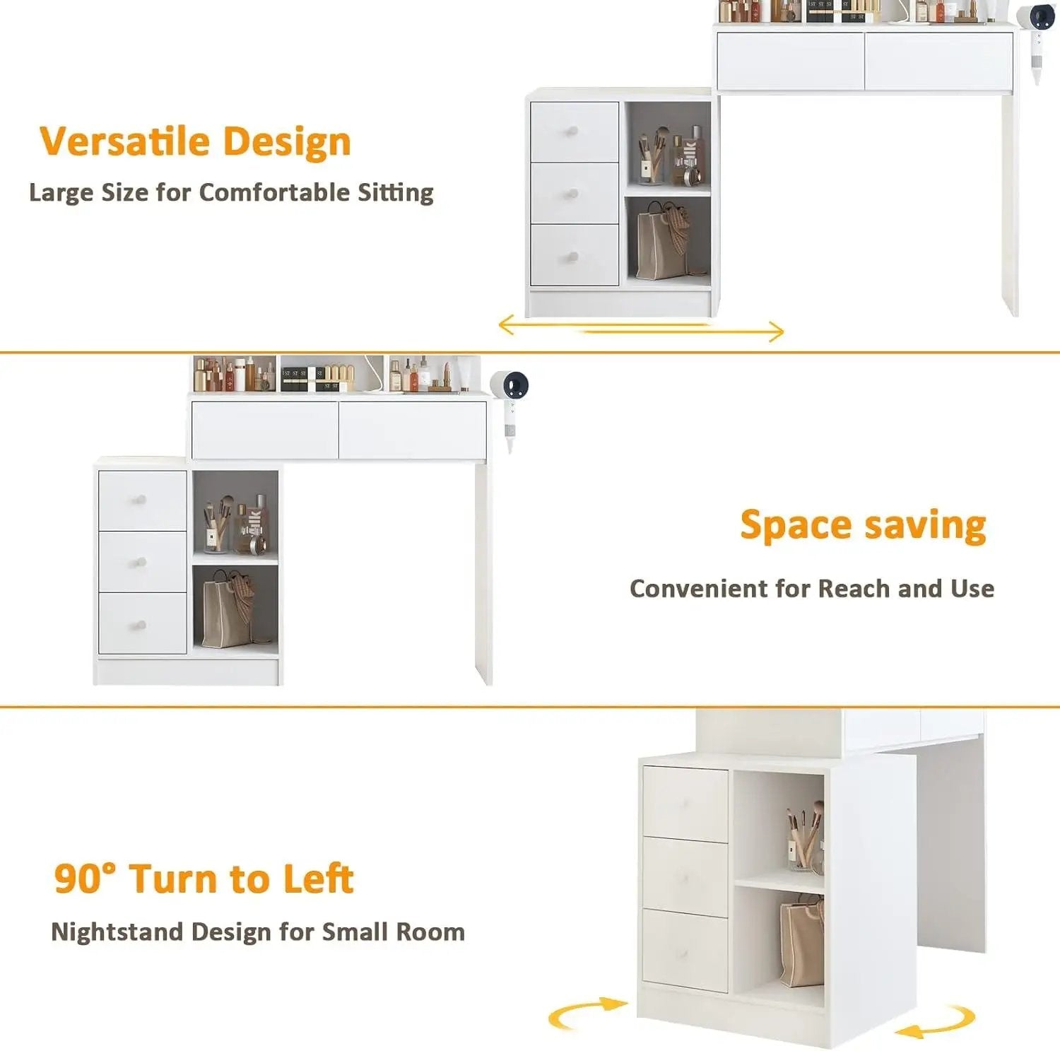 Functional White Vanity Table with 5 Drawers and Lots Storage Shelves for Women Girls