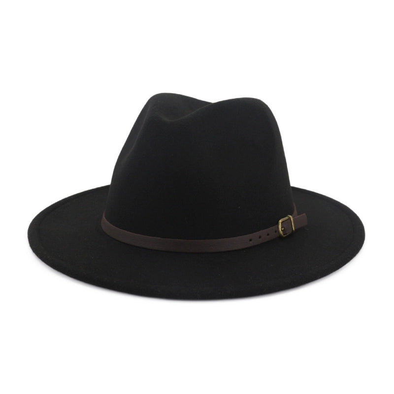 New Women's Woolen Brown Belt Buckle Top Hat Men And Women Couple Hat Flat Brim Big Brim Jazz Hat