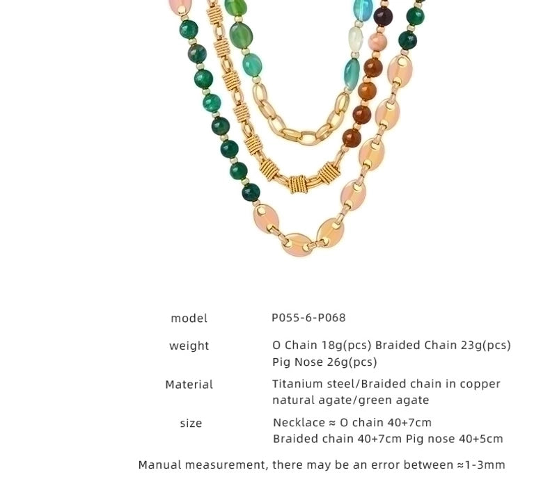 IG Style Punk Color Block Agate Titanium Steel 18K Gold Plated Beaded Patchwork Plating Necklace
