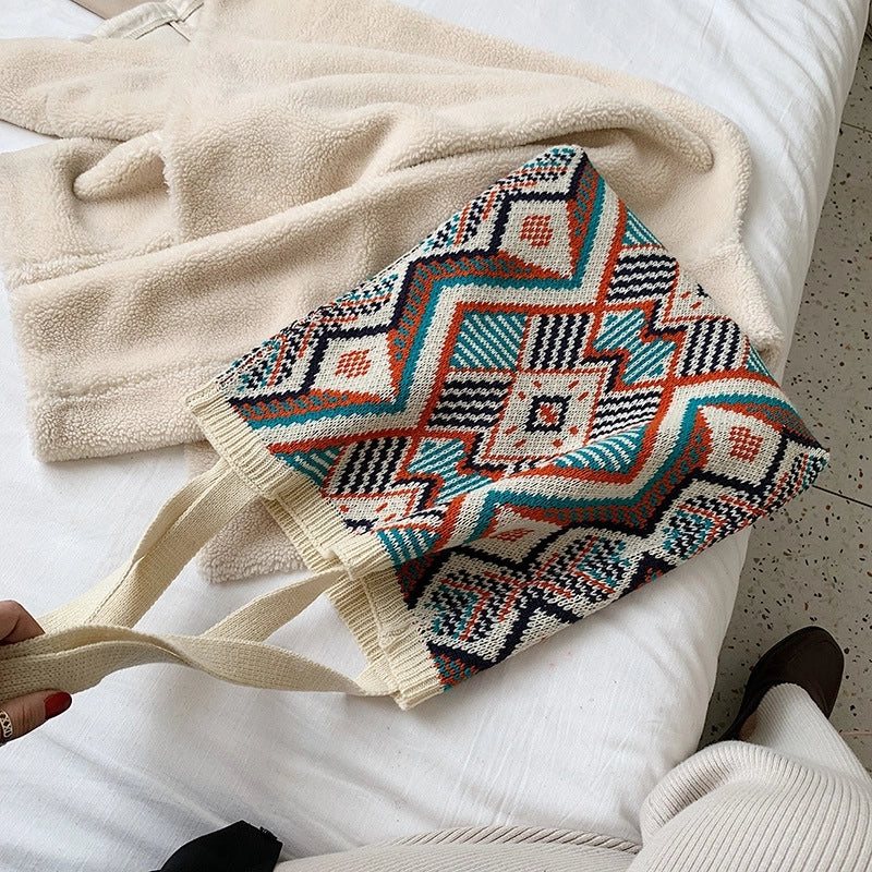 Women's Ethnic Style Color Block Knit Shopping Bags