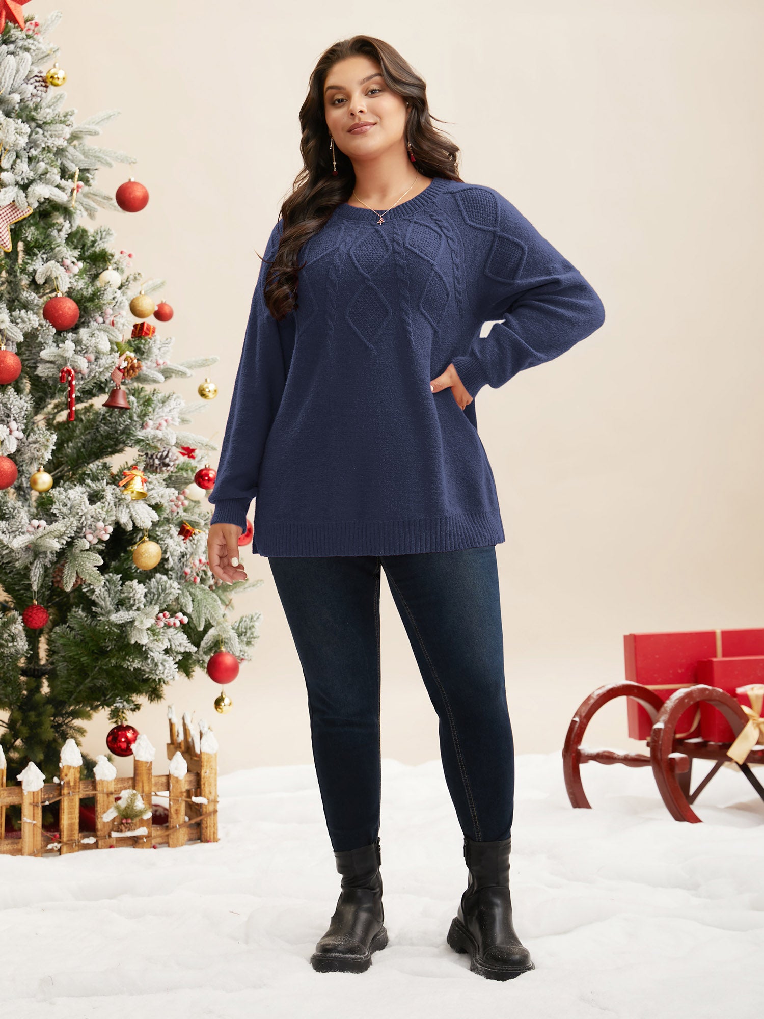 Cable Knit Bodice Crew-Neck Pullover