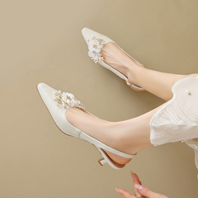 Floral Pointed Toe Slingback Kitten Pumps Elegant Leather Wedding Sandals in Black/Beige