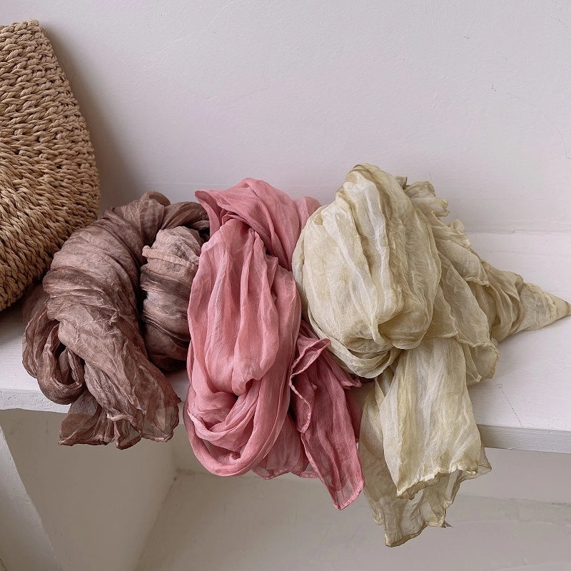 Pleated Retro Silk Scarf Women's Spring And Autumn Artistic Nostalgic Tie-Dye Scarf High-grade Solid Color Decorative Casual Scarf