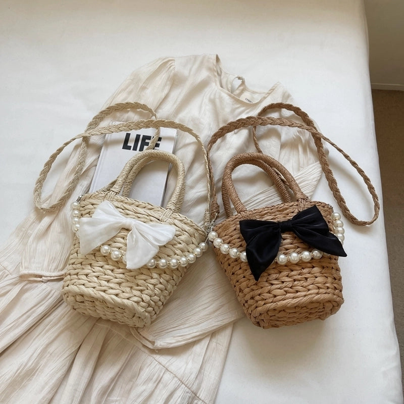 Women's Straw Solid Color Bow Knot Beach Weave Sewing Thread String Handbag Crossbody Bag Bucket Bag