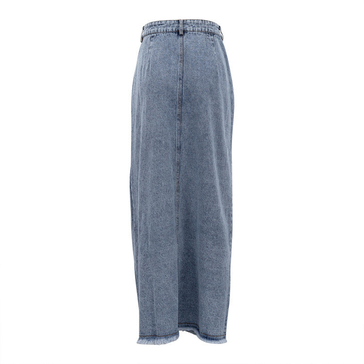 Raw Hem High Slit Maxi Denim Skirt