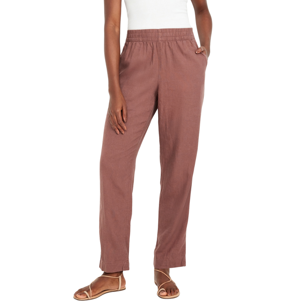 High Waisted Linen Blend Straight Ankle Pants