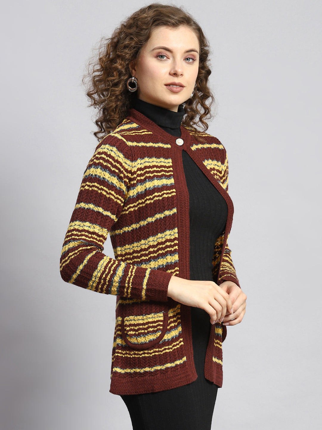 Women Maroon Stripe Cardigan