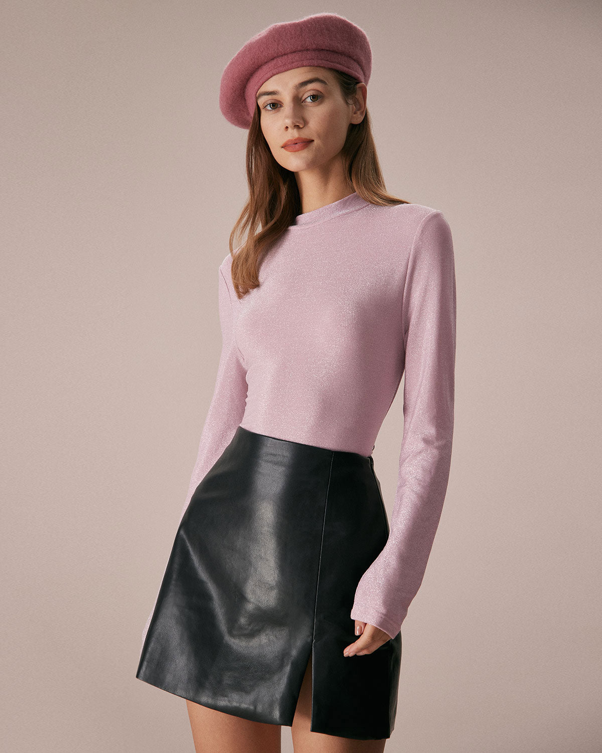 The Pink Mock Neck Long Sleeve Lurex Tee