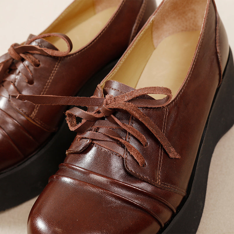 British Style 60mm Horse Leather Chunky Heel Lace-up Platform Oxford Shoes in Black/Coffee