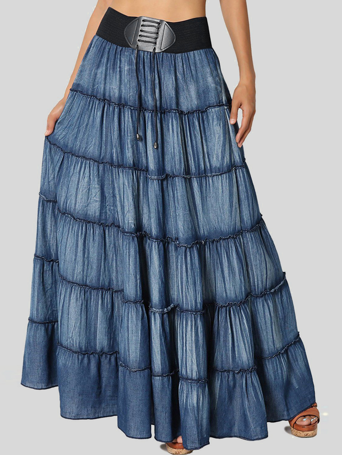 Daily Waistband Drawstring Quilted Tiered Denim Maxi Skirt