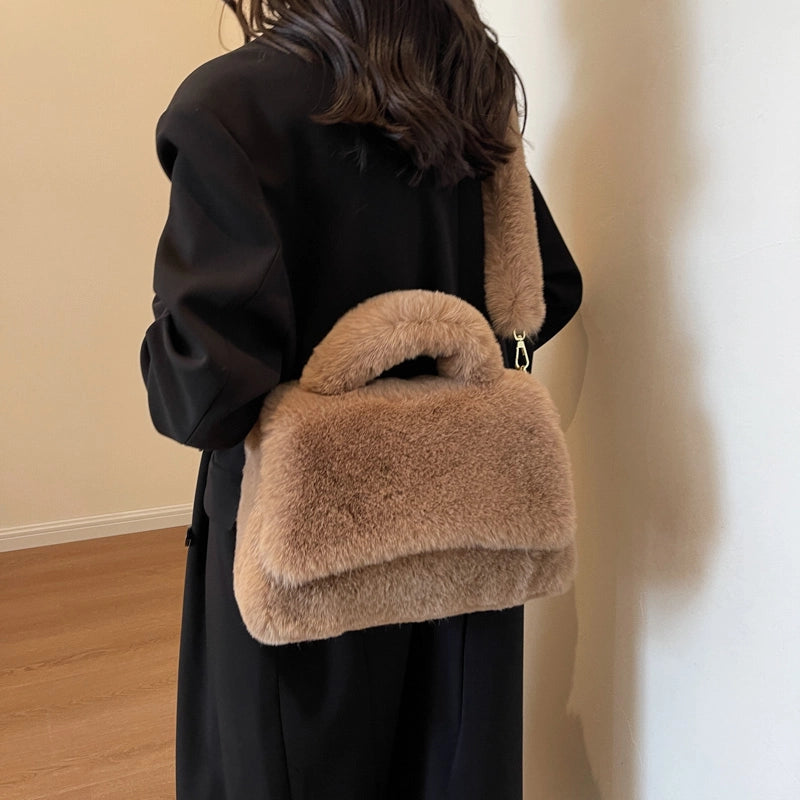 Women's Plush Solid Color Cute Basic Sewing Thread Square Flip Cover Square Bag