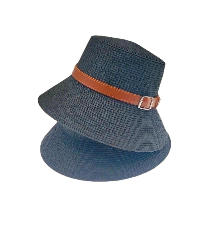Women's Pastoral Minimalist Solid Color Belt Buckle Wide Eaves Straw Hat