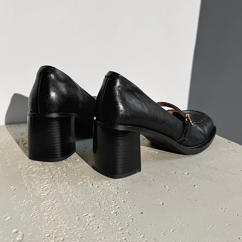 Women's Genuine Leather Mary Jane Pumps 65mm Block Heel in Brown/Black