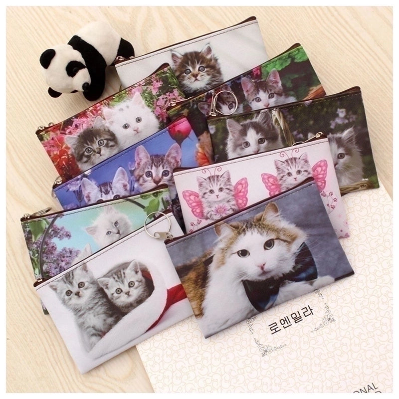 3 Pieces Women's Cat Pu Leather Zipper Coin Purses